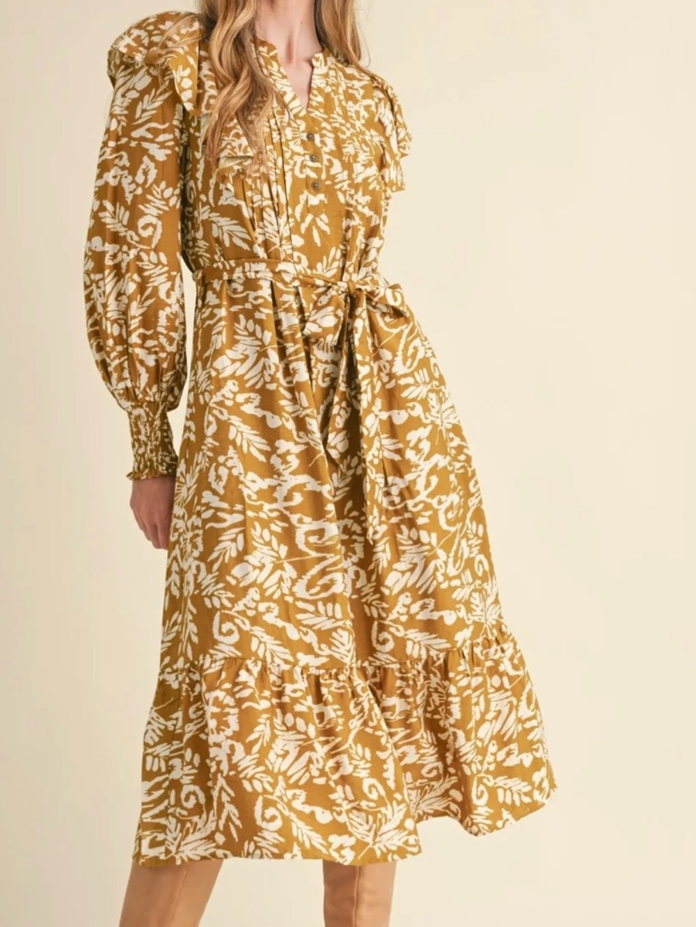 &merci Tie-Waist Mustard Floral Midi Dress with Long Puff Sleeves